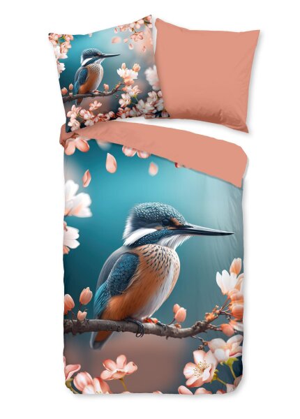 Good Morning Renforcé Bettwäsche 200 X 200 cm + 2- 80 X 80 cm Monti kingfisher with flowers bunt
