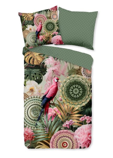 hip Mako Satin Bettwäsche 135 X 200 cm + 1- 80 X 80 cm Palay tropical flowers and animals grün