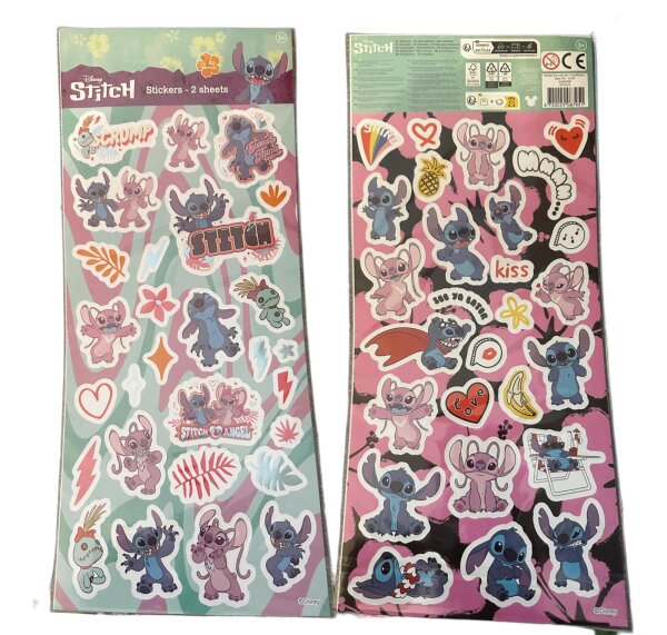 Disney Lilo&Stitch Aufkleber – 2 Bögen mit Angel, Stitch, Schrulle und seine Freunde über 50 Sticker