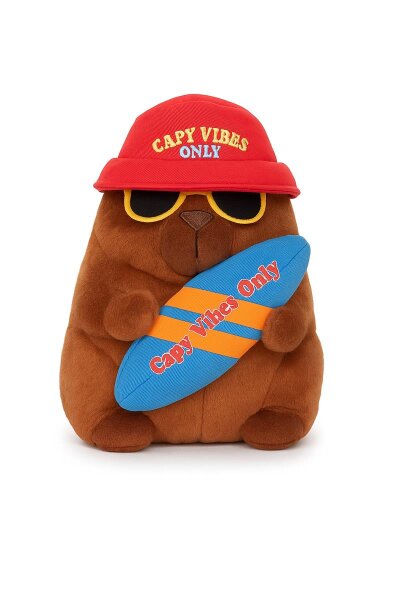 Capybara Plüschtier 25 cm mit Surfbrett Spruch Capy Vibes Only