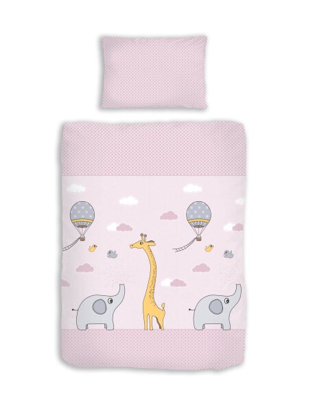 Dobnig Biber Kinderbettgarnitur 2tlg. 100x135 cm rosa mit Elefant, Giraffe & Heißluftballon
