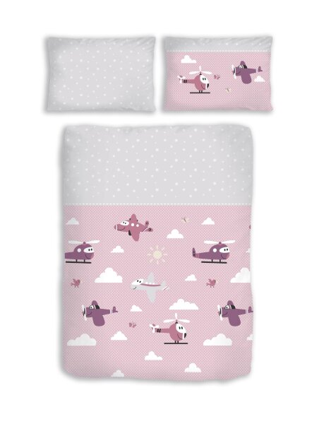Dobnig Biber Kinderbettwäsche 2tlg. 100x135 cm rosa mit Flugzeugen, Hubschraubern & Wolken