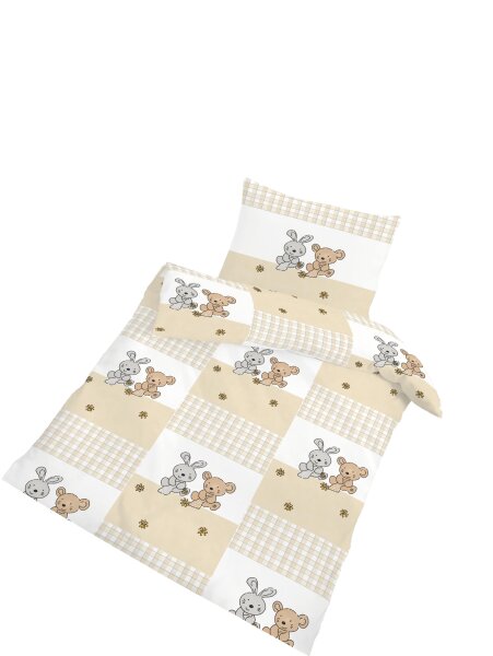 Dobnig Biber Kinderbettwäsche 2tlg. 100x135 cm Hase und Bär kariert beige