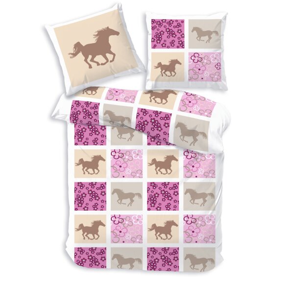 Dobnig Renforcé Kinderbettwäsche 2tlg. 135x200 cm Pferde rosa pink