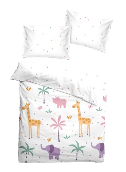 Soma Renforcé Baby Wende Bettwäsche 100 x 135 cm Bettbezug Kopfkissenbezug 40 x 60 cm Safari weiß Punkte bunt