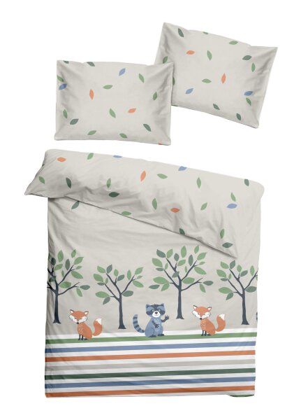 Soma Renforcé Baby Wende Bettwäsche 100 x 135 cm Bettbezug Kopfkissenbezug 40 x 60 cm Waldtiere Blätter Streifen beige bunt