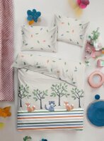 Soma Renforcé Baby Wende Bettwäsche 100 x 135 cm Bettbezug Kopfkissenbezug 40 x 60 cm Waldtiere Blätter Streifen beige bunt