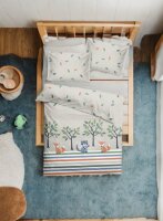 Soma Renforcé Baby Wende Bettwäsche 100 x 135 cm Bettbezug Kopfkissenbezug 40 x 60 cm Waldtiere Blätter Streifen beige bunt