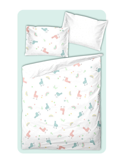 Soma Perkal Baby Wende Bettwäsche 100 x 135 cm Bettbezug Kopfkissenbezug 40 x 60 cm Alpaka Lama Regenbogen weiß bunt Set inklusive passendem Jersey Spannbetttuch 70/140 cm