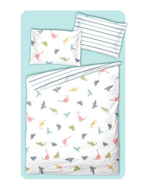 Soma Perkal Baby Wende Bettwäsche 100 x 135 cm Bettbezug Kopfkissenbezug 40 x 60 cm Dino bunt Dinosaurier weiß Set inklusive passendem Jersey Spannbetttuch 70/140 cm