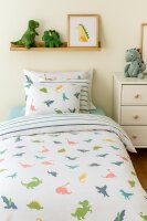 Soma Perkal Baby Wende Bettwäsche 100 x 135 cm Bettbezug Kopfkissenbezug 40 x 60 cm Dino bunt Dinosaurier weiß Set inklusive passendem Jersey Spannbetttuch 70/140 cm