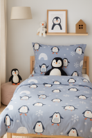 Soma Flanell Baby Bettwäsche Set 100x135 cm Bettbezug Kopfkissenbezug 40x60 cm Pinguin Schnee Winter Tier Motiv Blau Pastell