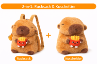 Capybara Rucksack 2in1 Plüsch Kinder Kindergarten Tasche mit Schlüsselanhänger zufälliges Motiv Burger oder Pommes Geschenkidee