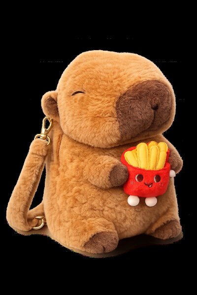 Capybara Rucksack 2in1 Plüsch Kinder Kindergarten Tasche mit Schlüsselanhänger zufälliges Motiv Burger oder Pommes Geschenkidee