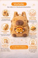 Capybara Rucksack 2in1 Plüsch Kinder Kindergarten Tasche mit Schlüsselanhänger zufälliges Motiv Burger oder Pommes Geschenkidee