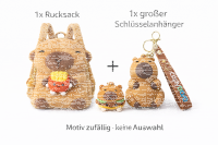 Capybara Rucksack 2in1 Plüsch Kinder Kindergarten Tasche mit Schlüsselanhänger zufälliges Motiv Burger oder Pommes Geschenkidee