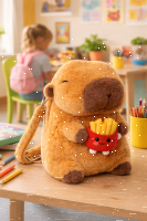 Capybara Rucksack 2in1 Plüsch Kinder Kindergarten Tasche mit Schlüsselanhänger zufälliges Motiv Burger oder Pommes Geschenkidee