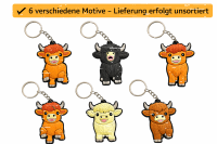 Highland Kuh Schlüsselanhänger – Süßer 2D Anhänger ca. 5–7 cm aus PVC – 1 Stück, Motiv zufällig, nicht frei wählbar – Für Schlüssel, Rucksack & Tasche