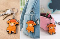 Highland Kuh Schlüsselanhänger 6er Set – Süße Sammelanhänger in 2D, ca. 5–7 cm – Weiche PVC Figuren, unsortiert, nicht frei wählbar – Für Rucksack, Tasche & Schlüsselbund