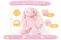 Kuscheltier Hase XXL 70 cm Plüschtier mit langen Ohren weich rosa Pastell Stofftier zum Spielen Schlafen Dekoration Geschenk für Kinder