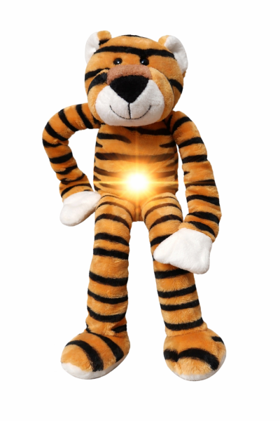 Plüsch Nachtlicht Tiger oder Giraffe 34 cm – Kuscheltier mit warmweißem Bauchlicht, 60 Sekunden Timer, USB-C aufladbar, Kinder Nachtlampe zum Einschlafen, waschbarer Stoff