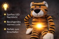 Plüsch Nachtlicht Tiger oder Giraffe 34 cm – Kuscheltier mit warmweißem Bauchlicht, 60 Sekunden Timer, USB-C aufladbar, Kinder Nachtlampe zum Einschlafen, waschbarer Stoff