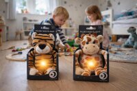Plüsch Nachtlicht Tiger oder Giraffe 34 cm – Kuscheltier mit warmweißem Bauchlicht, 60 Sekunden Timer, USB-C aufladbar, Kinder Nachtlampe zum Einschlafen, waschbarer Stoff
