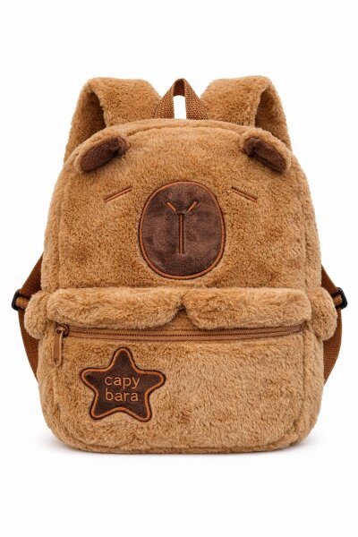 Capybara Plüsch Rucksack Kinder braun – Kinderrucksack mit Hauptfach & Frontfach Reißverschluss, Verstellbare Schultergurte, Kuscheliger Mini Rucksack 28 x 25 x 10 cm