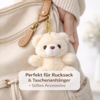 Plüsch Bär Schlüsselanhänger 13 cm – Kuscheliger Teddy Anhänger mit goldfarbenem Schlüsselring – Weiches Stofftier für Tasche, Rucksack oder Schlüsselbund – beige