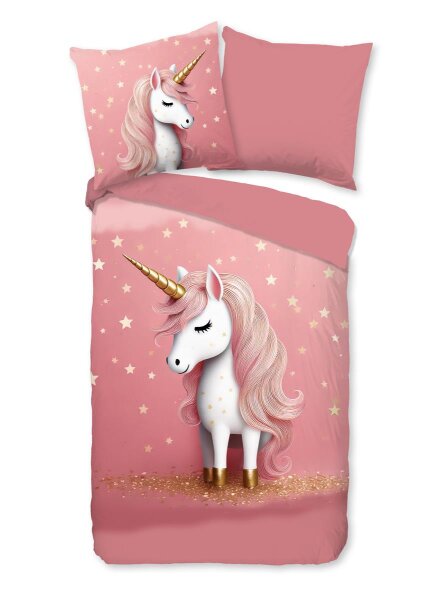 Pure Bettwäsche 135x200 + 1 x 80x80 cm Mikrofaser Sparkles Einhorn rosa
