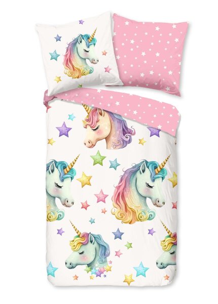 Pure Bettwäsche 135x200 + 1 x 80x80 cm Mikrofaser Fancy Regenbogen Einhorn bunt