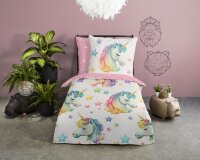Pure Bettwäsche 135x200 + 1 x 80x80 cm Mikrofaser Fancy Regenbogen Einhorn bunt