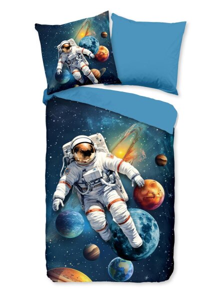Pure Bettwäsche 135x200 + 1 x 80x80 cm Mikrofaser Saros Astronaut im Weltraum blau