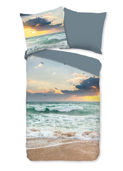 Pure Bettwäsche 155x220 + 1 x 80x80 cm Mikrofaser Samui Meer mit Sonnenuntergang bunt