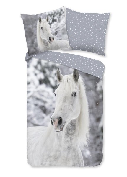 Good Morning Bettwäsche 135x200 + 1 x 80x80 cm Flanell Bonnie Weißes Pferd im Schnee grau
