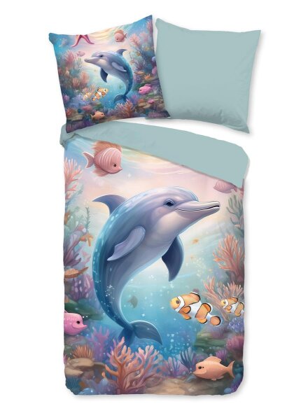 Good Morning Bettwäsche 135x200 + 1 x 80x80 cm Renforcé Baya Delfin und Fische bunt