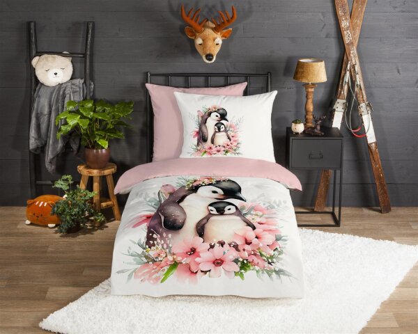Good Morning Bettwäsche 135x200 + 1 x 80x80 cm Flanell Penny Pinguin rosa
