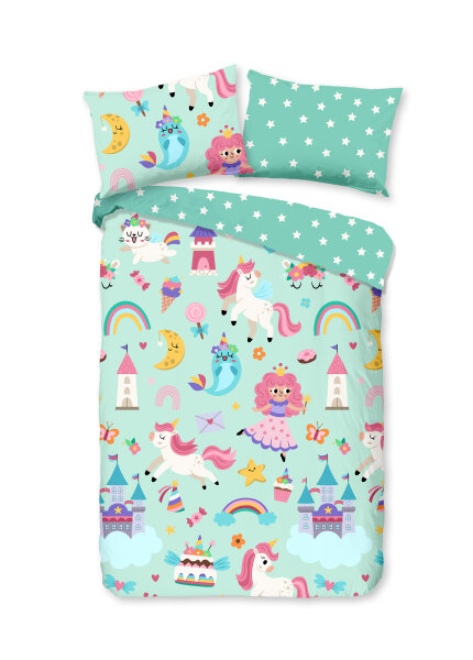 Good Morning Bettw&auml;sche 100x135 + 1 x  40x60 cm Renforc&eacute; Fantastic Einhorn, Prinzessin, Regenbogen gr&uuml;n