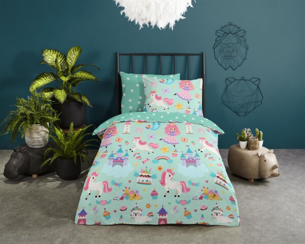 Good Morning Bettwäsche 100x135 + 1 x  40x60 cm Renforcé Fantastic Einhorn, Prinzessin, Regenbogen grün