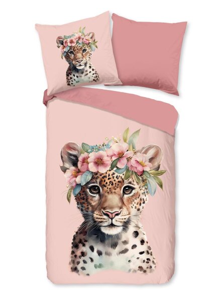 Good Morning Bettwäsche 135x200 + 1 x 80x80 cm Flanell Kiran Leopardenjunges mit Blumenkranz rosa