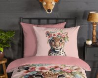 Good Morning Bettwäsche 135x200 + 1 x 80x80 cm Flanell Kiran Leopardenjunges mit Blumenkranz rosa