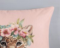 Good Morning Bettwäsche 135x200 + 1 x 80x80 cm Flanell Kiran Leopardenjunges mit Blumenkranz rosa