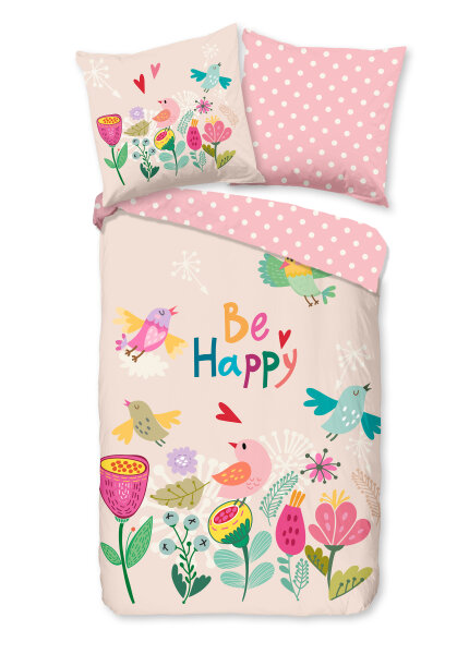 Good Morning Bettw&auml;sche 135x200 + 1 x 80x80 cm Renforc&eacute; Happily Blumen und V&ouml;gel rosa