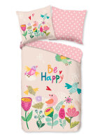 Good Morning Bettw&auml;sche 135x200 + 1 x 80x80 cm Renforc&eacute; Happily Blumen und V&ouml;gel rosa