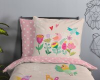 Good Morning Bettw&auml;sche 135x200 + 1 x 80x80 cm Renforc&eacute; Happily Blumen und V&ouml;gel rosa