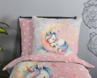 Good Morning Bettw&auml;sche 135x200 + 1 x 80x80 cm Renforc&eacute; Molly Schlafendes Einhorn auf dem Mond rosa
