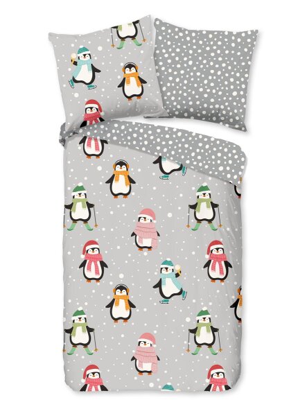 Good Morning Bettwäsche 135x200 + 1 x 80x80 cm Flanell Liam Pinguine mit Mütze und Schal grau