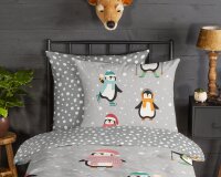 Good Morning Bettwäsche 135x200 + 1 x 80x80 cm Flanell Liam Pinguine mit Mütze und Schal grau