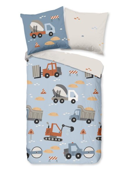 Good Morning Bettwäsche 135x200 + 1 x 80x80 cm Renforcé Mack Bagger, Zementwagen und andere Fahrzeuge blau