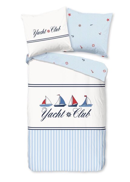 Good Morning Bettwäsche 200x200 + 2 x 80x80 cm Renforcé Yachtclub Nautischer Stil (Text) blau